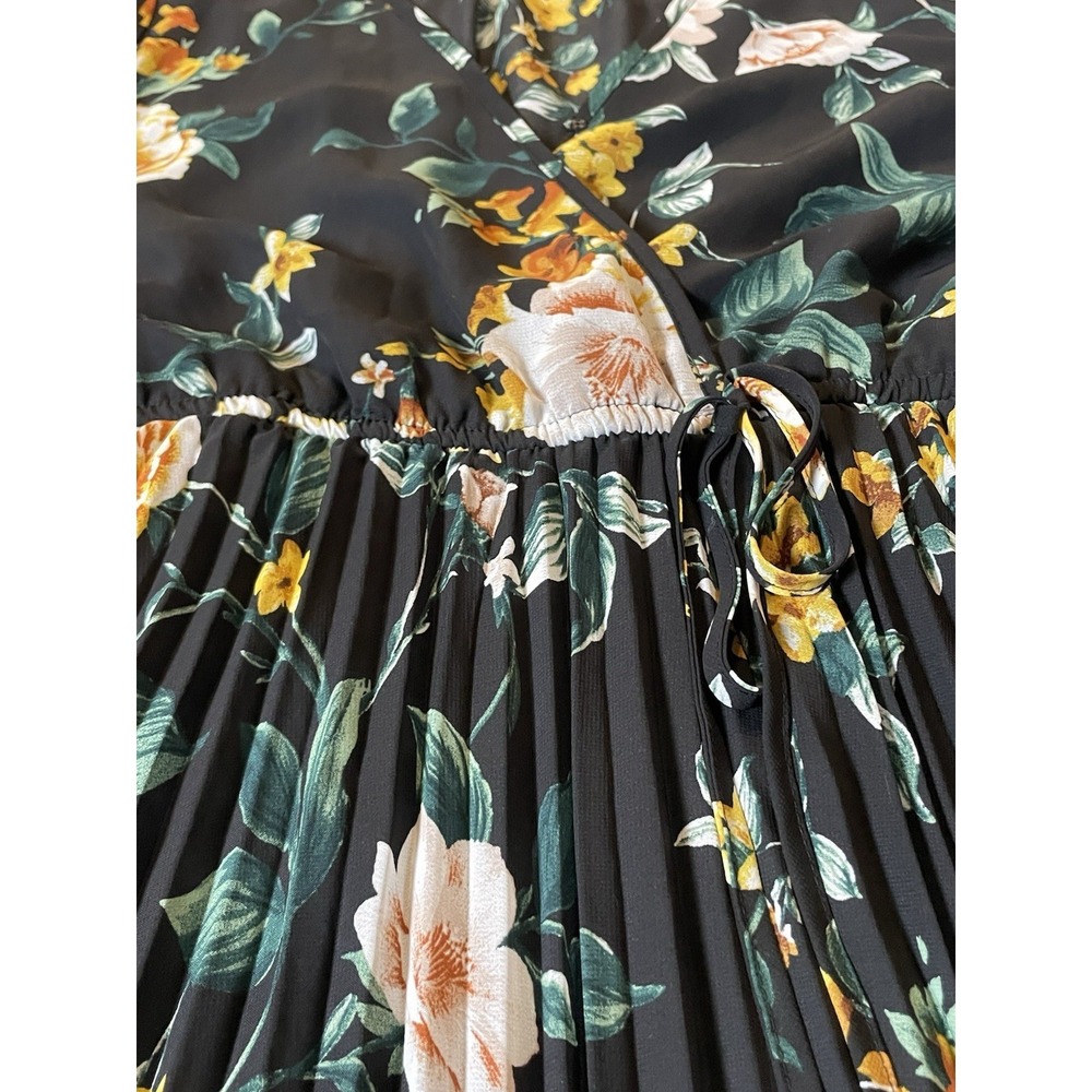 Indigo Rose Pleated Floral Dress Sz M Gold Pink Long Sleeve Career Party Cottage - Picture 5 of 12